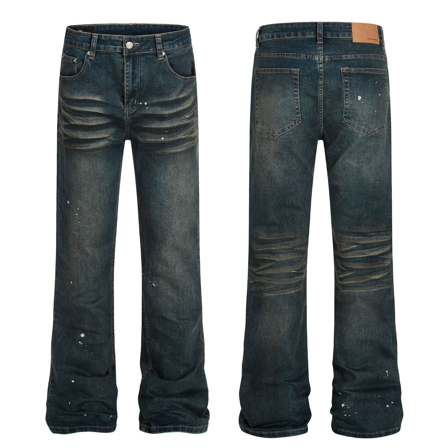 Street Style Unisex High-End Vintage Catwhisker Wash Splatter Design Slim Fit Flared Casual Denim Pants