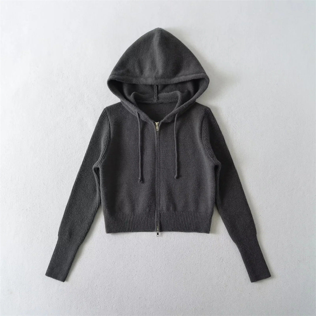 Style Hooded Drawstring Zipper Knit Sweatshirt Jacket for Women High Waist Short Cardigan Top