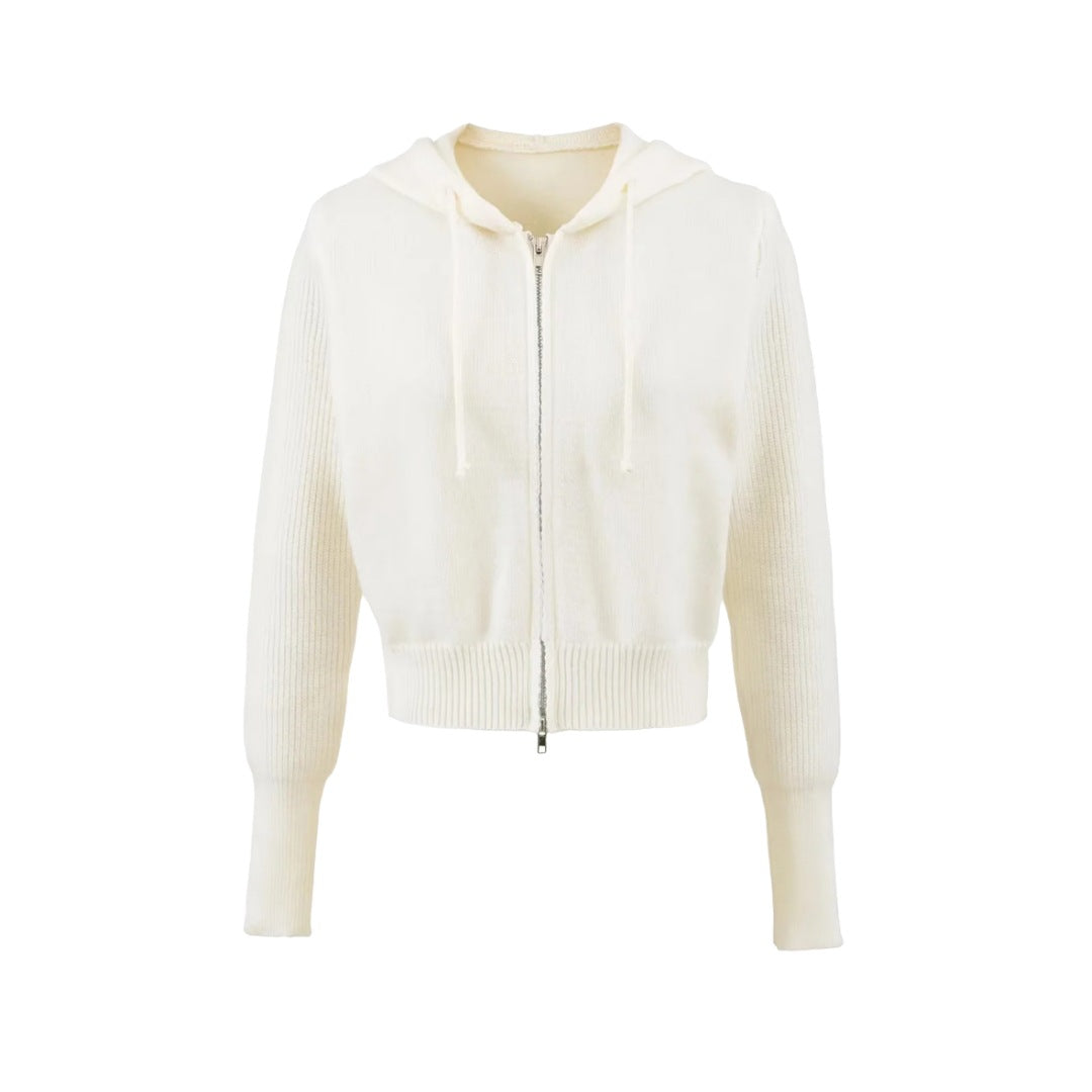 Style Hooded Drawstring Zipper Knit Sweatshirt Jacket for Women High Waist Short Cardigan Top