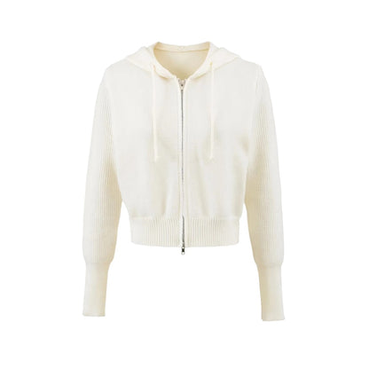 Style Hooded Drawstring Zipper Knit Sweatshirt Jacket for Women High Waist Short Cardigan Top