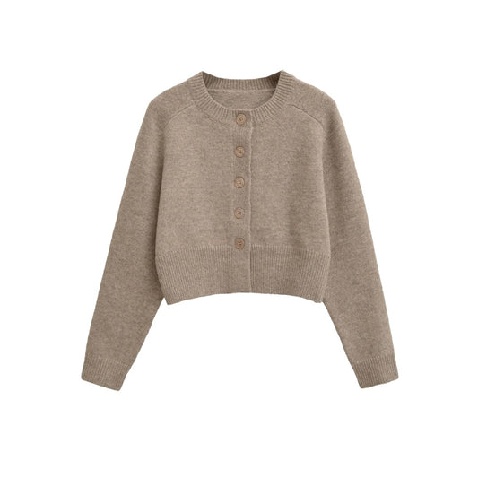 Knit Cardigan Coat for Women with Round Neck, Single Button Closure, Long Sleeves, Ribbed Hem, High Waist, Short Length, Open Front Top