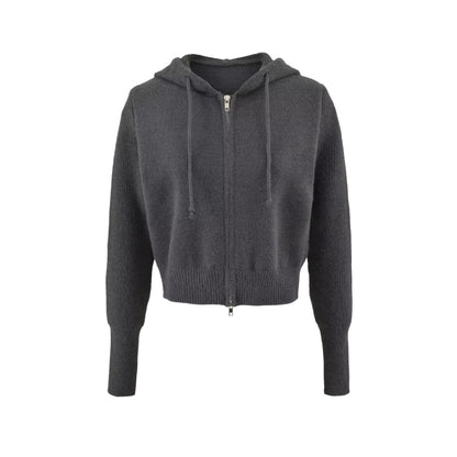 Style Hooded Drawstring Zipper Knit Sweatshirt Jacket for Women High Waist Short Cardigan Top