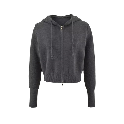 Style Hooded Drawstring Zipper Knit Sweatshirt Jacket for Women High Waist Short Cardigan Top