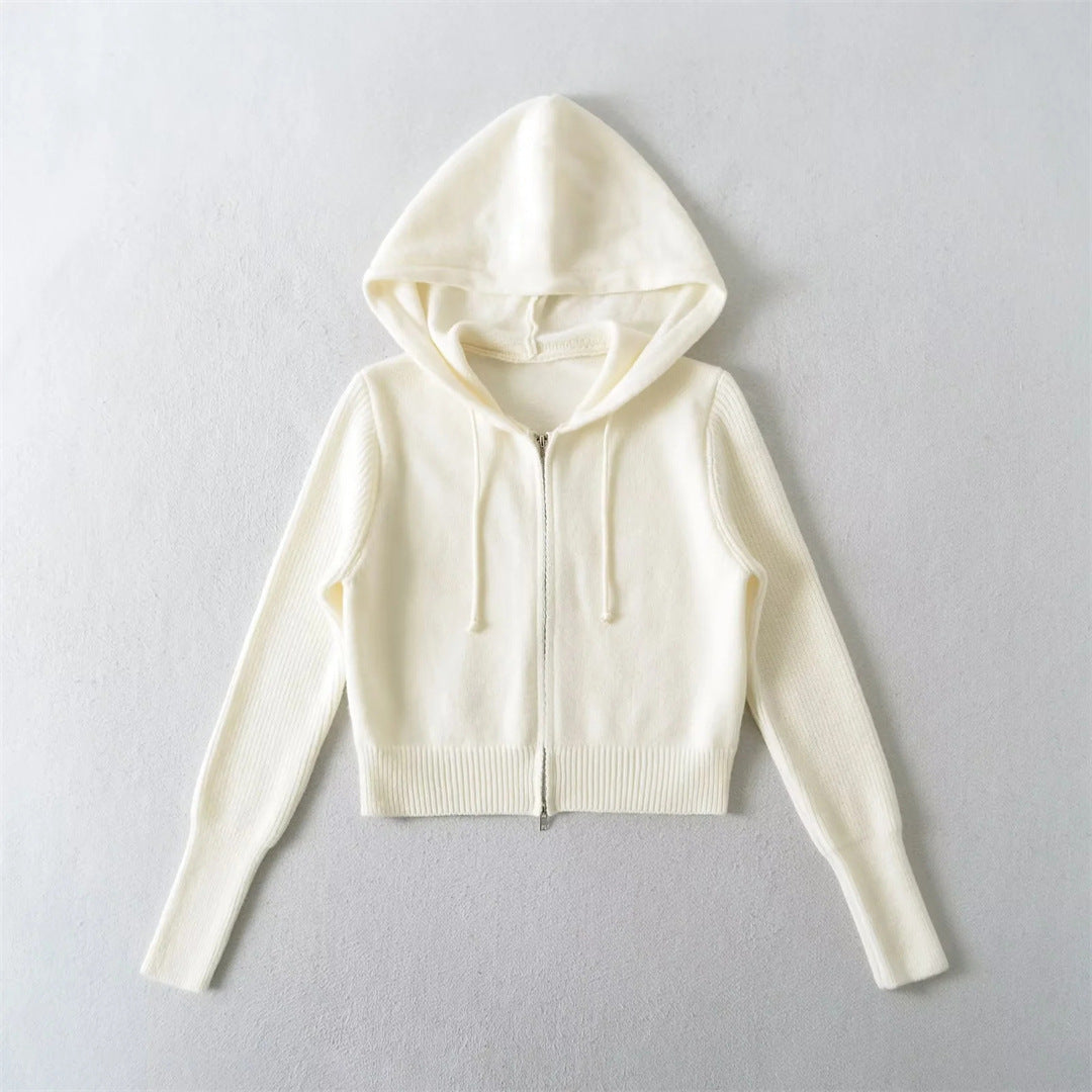 Style Hooded Drawstring Zipper Knit Sweatshirt Jacket for Women High Waist Short Cardigan Top