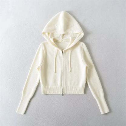Style Hooded Drawstring Zipper Knit Sweatshirt Jacket for Women High Waist Short Cardigan Top