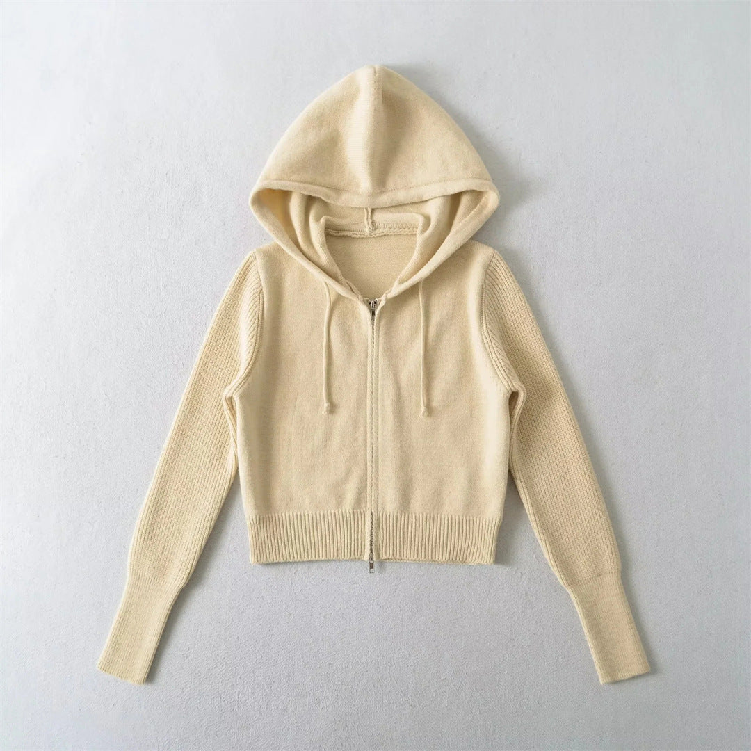 Style Hooded Drawstring Zipper Knit Sweatshirt Jacket for Women High Waist Short Cardigan Top