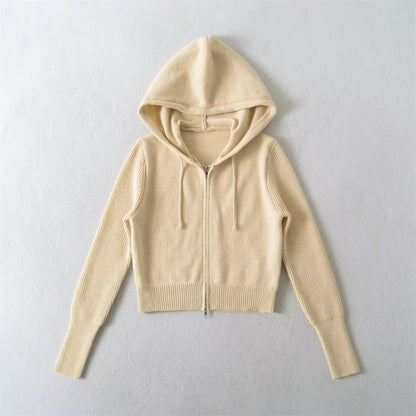 Style Hooded Drawstring Zipper Knit Sweatshirt Jacket for Women High Waist Short Cardigan Top