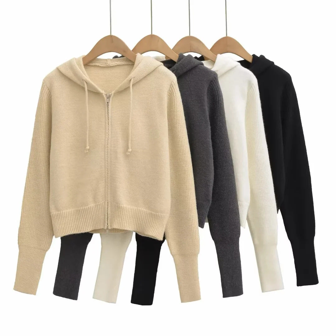 Style Hooded Drawstring Zipper Knit Sweatshirt Jacket for Women High Waist Short Cardigan Top