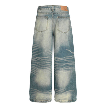 Street Style High-End Vintage Cat-Whisker Texture Pleated Design Men's Wide-Leg Casual Jeans