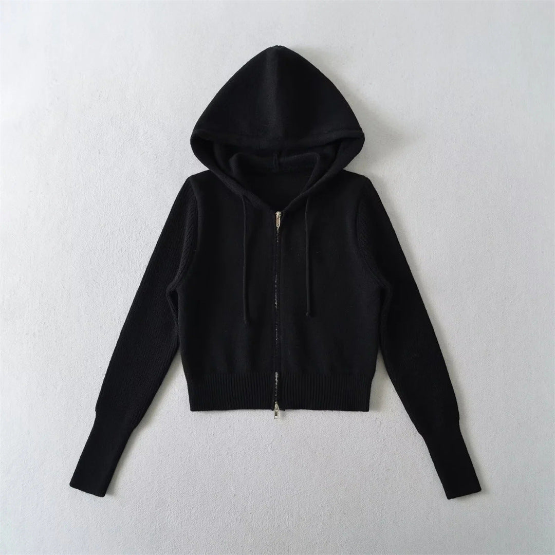 Style Hooded Drawstring Zipper Knit Sweatshirt Jacket for Women High Waist Short Cardigan Top