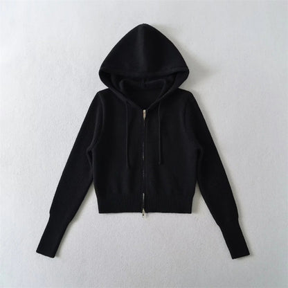 Style Hooded Drawstring Zipper Knit Sweatshirt Jacket for Women High Waist Short Cardigan Top