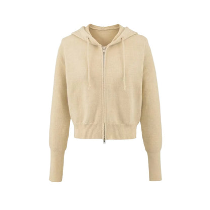 Style Hooded Drawstring Zipper Knit Sweatshirt Jacket for Women High Waist Short Cardigan Top