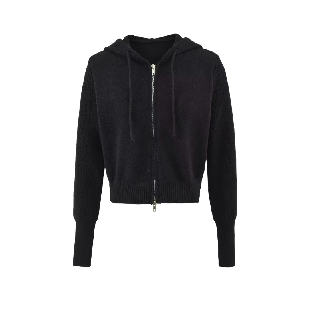 Style Hooded Drawstring Zipper Knit Sweatshirt Jacket for Women High Waist Short Cardigan Top