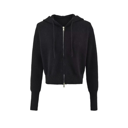 Style Hooded Drawstring Zipper Knit Sweatshirt Jacket for Women High Waist Short Cardigan Top