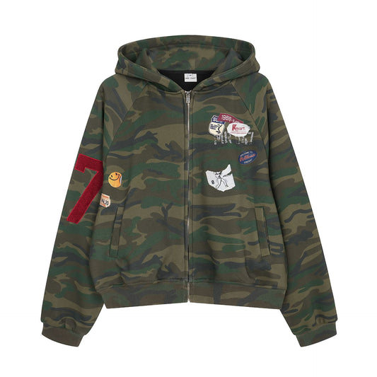 Retro Street Style Camouflage Print Hooded Fleece Sweatshirt Jacket for Men, Loose Fit